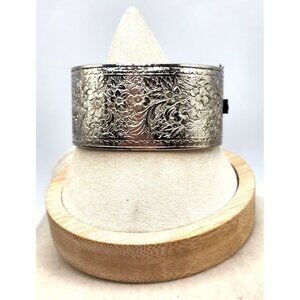 Silver Tone Cuff Bracelet With Safety Chain, Floral Etching